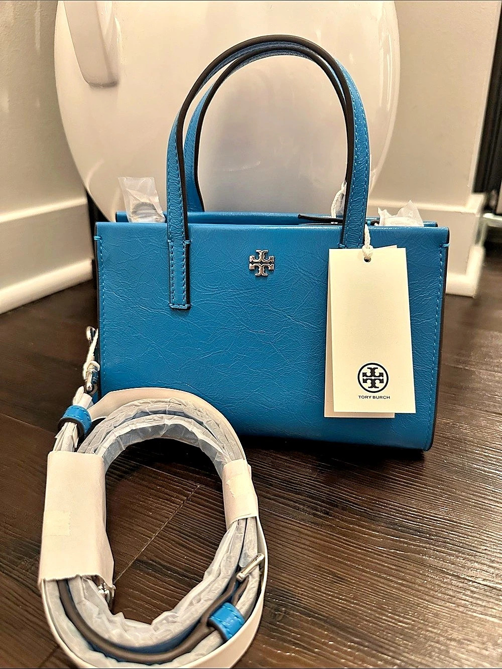 Tory Burch Blake Crinkle Tote Bag in Blue NWT